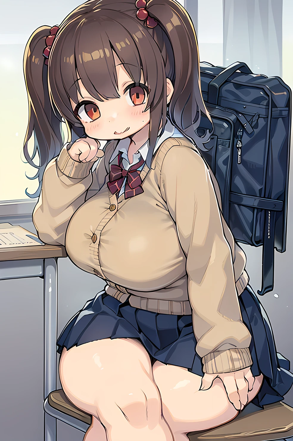 ((masutepiece, Best Quality)),Best aesthetic,1girl in, School uniform, desk work, Sitting, School Desk, Brown hair, crass room, Long hair, Indoors, Chair, Looking at Viewer, :P, Solo Focus, Brown eyes, Skirt, Long sleeves, Pencil, 1 boy, pencil case, paper, black serafuku, Multiple girls, Pleated skirt, Sailor collar, Bangs, head rest, School bag, school chair,huge-breasted、bbw、thick thight、big butts