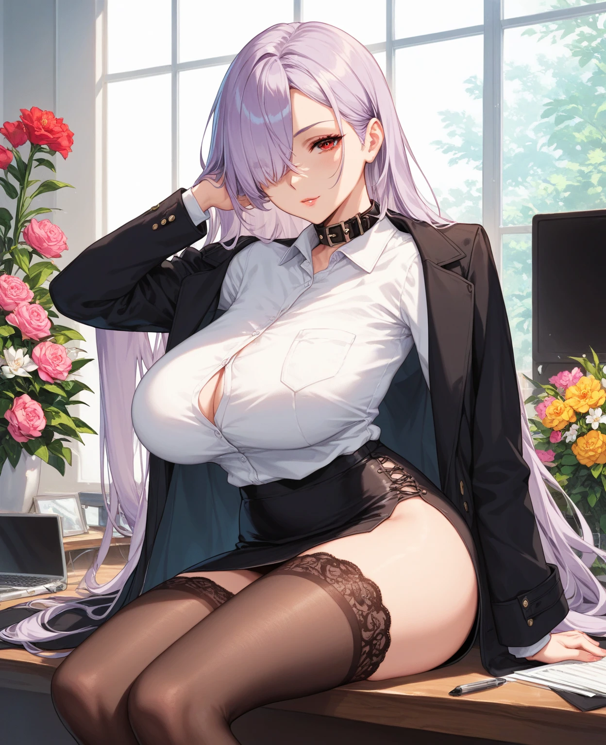 (Tabletop, highest quality, Super detailed), One Girl, Purple eyes, Blonde Hair, Dark Skin, Twin tails, ((bra))、((office worker))、((pantyhose))、Pencil Skirt、(Bedroom)、M-shaped sitting、(Hands behind head)、(Spread your legs)