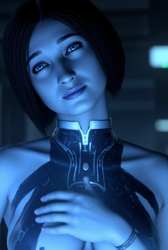 Cinimatic still of Cortana from the series Halo , body armour , perfect lighting , beautiful but sexy pose