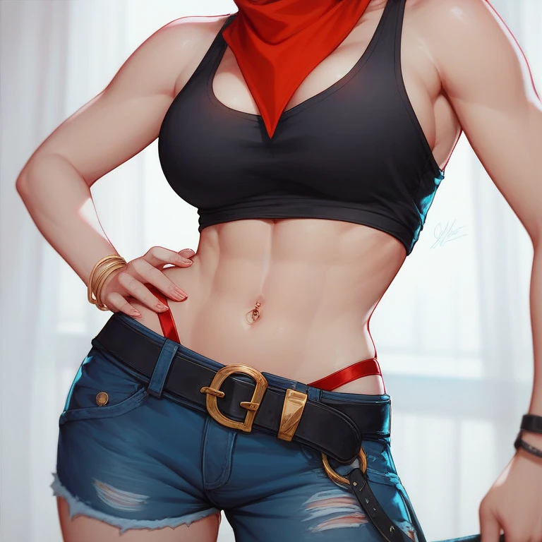 Thunderbolt, Maryms Works, Best Image Quality, Big Eyes, Small Breasts, Thin Waist, Night, Bright Skin, Puffy Eyes, Firm Expression, Red Top, Jeans, Facing the Audience, Hands Touching Your Head