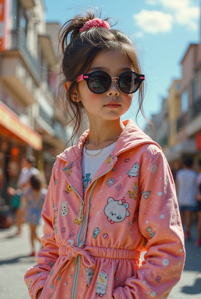 beautiful small girl in white jacket, with goggles
