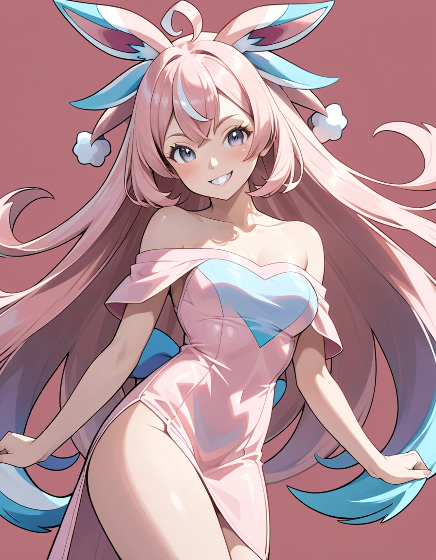 Anime girl with pink hair and rabbit ears with a pink leotard, pink eyes, shy blush,uncovered legs,uncovered thighs.full body