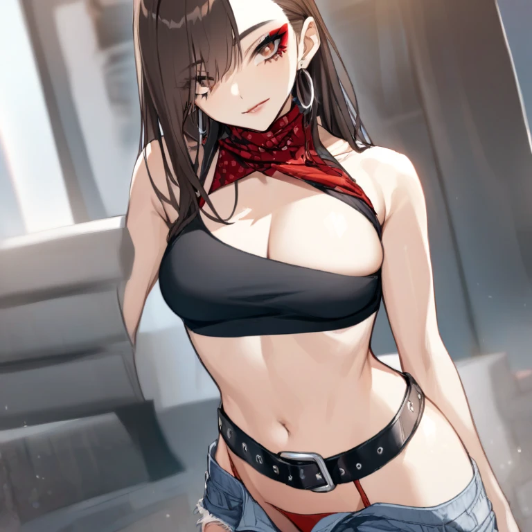 1girl, shirase sakuya, high ponytail, long hair, blush, lipstick, Hot girl, baddie, staring, glaring, bad attitude, mean girl, dare, angry, hate, crazy, smoking, sensual, attractive, outdoors, rooftop, cityscape, building, railing, night, night sky, scenery, moon, city lights, jacket, masterpiece,high quality,4k, bare shoulder,belly,crop top,outdoor,cleavage,jeans,casual dress,street,road,smile, open mouth, (nsfw) not safe for work, holding a gun,handgun, evil expression, exposed belly, exposed navel, exposed midriff, exposed lower belly, crop top overhang, underboob, unbuttoned jeans , low rise black jeans, Low rise jeans, Low rise jeans with open fly,