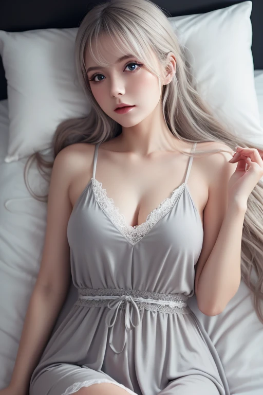 ((masterpiece)), UHD, Retina, Accurate, Anatomically Correct, Textured Skin, Super Detail, High Detail, High Quality, Top Quality, High Resolution, 1080P, HD, 4K, 8k, 16k, (photo realistic:1.4),35mm lens, f/ 1. 8, Beautiful detailed eyes, Beautiful detailed lips, highly detailed eyes and face, perfect face,((Half Russian and Japanese model)) ,super model girl,famous actress,very beautiful, perfect anatomy,(silver eyes:1.2),(bigeyes:1.2), (big breasts: 1.7),Alone, Beautiful Woman, Eyelashes, (shiny platinum hair:1.2), wavy hair,,(small mouth:1.5), closed mouth,(White bathrobe:1.3), (smile:1.3),(hotel room:1.2),(lie on the bed:1.2),(lying on the bed:1.2) , (Posing:1.2)