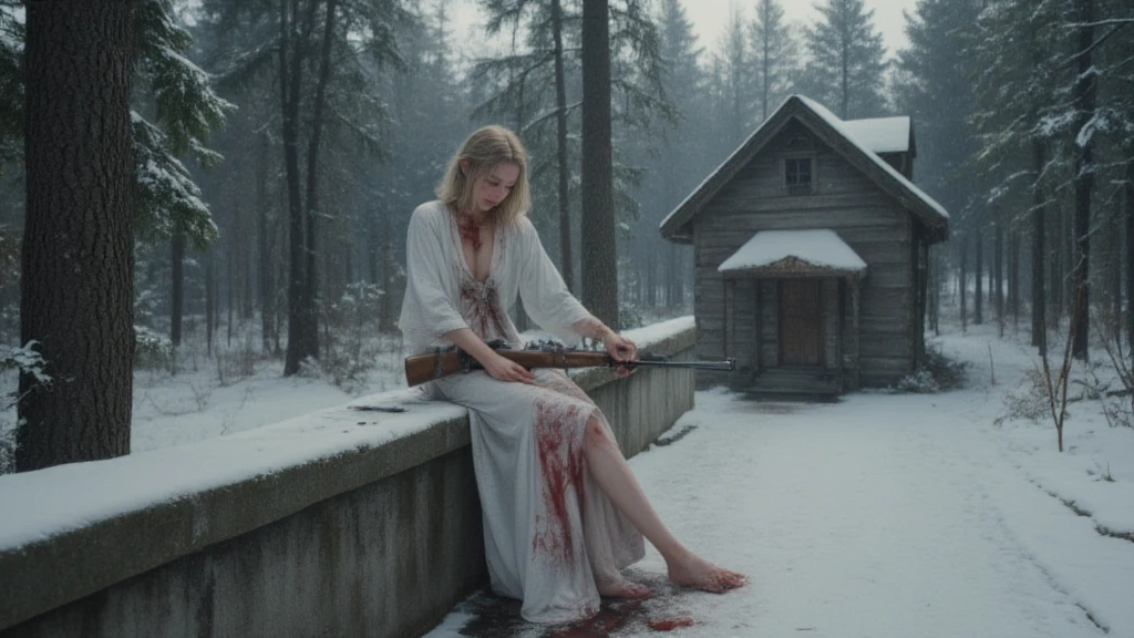 medium shot, cinematic, perfect centered, female blonde polish student, torn white shirt, black skirt, she is on the ground, sit, shame, desperate, wood, blood on her face and shirt, shame, desperation, desolation, snow, woods, night, winter, the shirt has some blood stains over, medium shot, low light, drama,, film movie shot, 35mm, dreamy, perfect face, perfect eyes, perfect hands