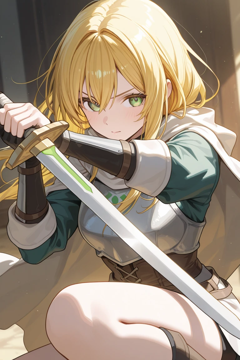 Woman with yellow hair and green eyes holding a sword - SeaArt AI