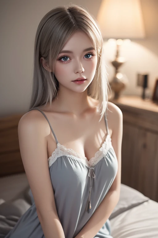 1 girl, female, solo,
smile, long hair, blonde hair, braid, high ponytail, white negligee, white nightslip, makeup, mascara, lipstick, naturally sagging breast, mature, small breast,
mole under mouth,
indoors, bedroom,
looking at viewer,
breasts, cleavage, collarbone, highleg, thighs, window, balcony, curtains,