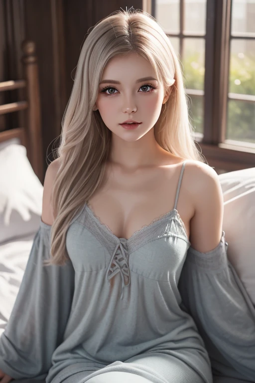 a woman with long blonde hair, beautiful detailed eyes, beautiful detailed lips, extremely detailed face, long eyelashes, white porcelain skin, wearing a white nightgown and baby pink panties, delicate, serene, peaceful, elegant, natural lighting, photorealistic, hyperdetailed, 8k, best quality, masterpiece
