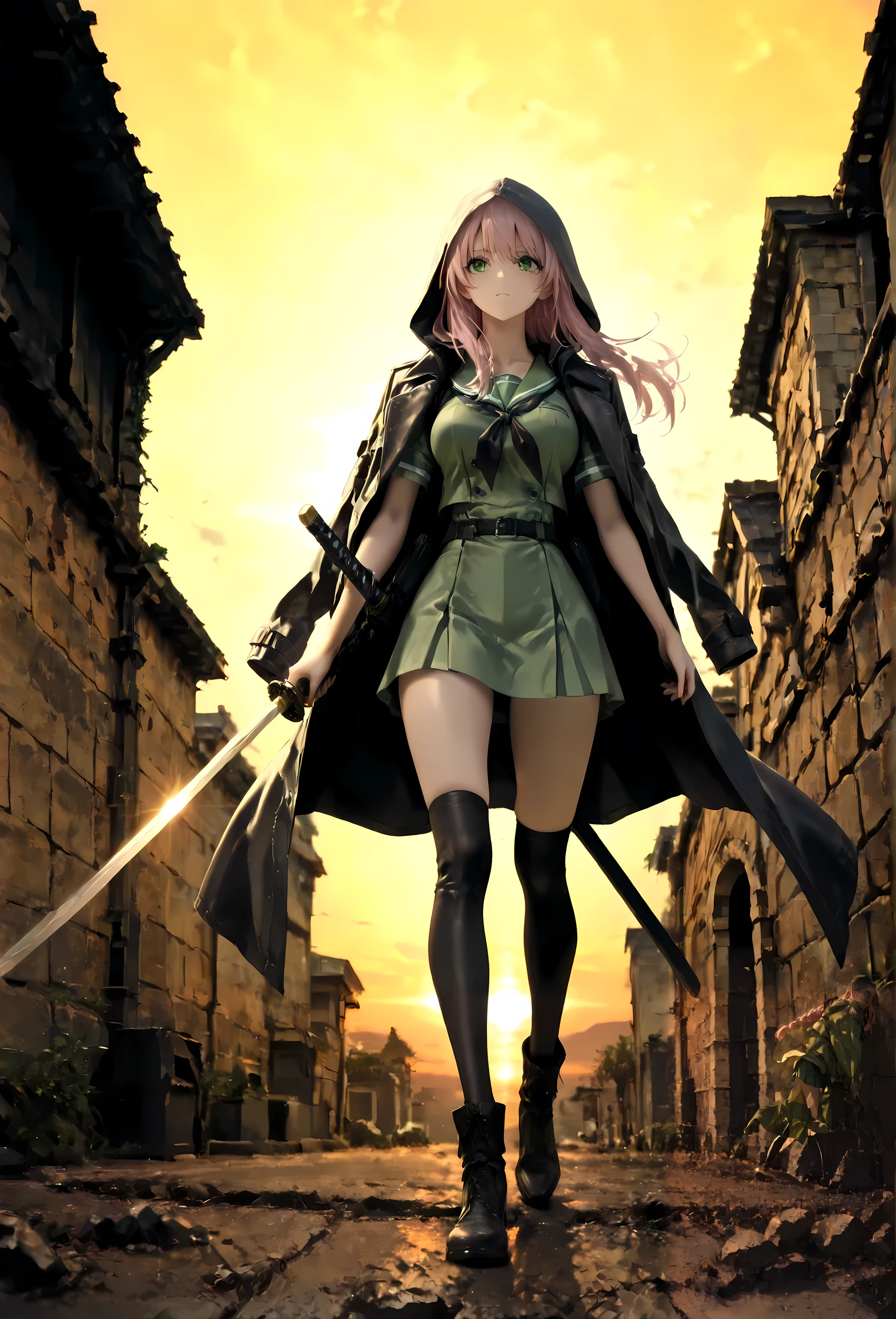 (masterpiece, best quality:1.2), a woman, solo, walking, looking for forward, Full body, from below,
long hair, french braided on top hair, light pink hair, green eyes, detailed eyes,
BREAK job: Assassin,
Costume: light green sailor uniform, short skirt, short sleeve and hood overcoat
Equipment: She is holding detailed katana in shoulders
Location: Rice field, ((sunset in background))