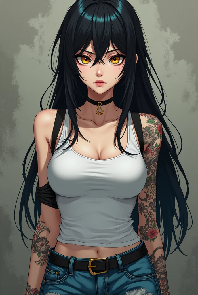 An anime-style drawing of an imposing gang leader with black hair and blonde bangs that highlight her bold style.. His piercing gaze and powerful presence intimidate rivals and allies alike.. She sports a dragon tattoo snaking down her left arm., symbol of his strength and dominance. Raven wears short and daring clothes, which demonstrate his confidence and absolute control over his gang. His posture and attitude reflect a balance between calculated strategy and fierce determination..