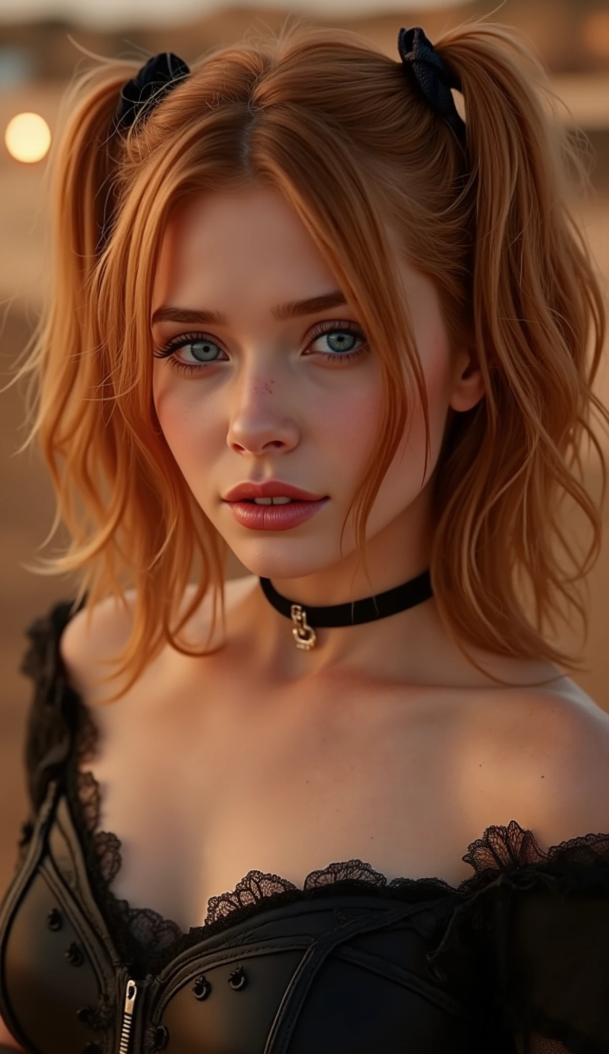 🌟 quality & silent: whole head down to below the chest, three sided view, masterpiece, 8k, ultra high resolution, hyperrealistic, very detailed, natural lighting, SLR lighting, SLR camera , Fujifilm XT3, film grain, Sharp concentration, perfect lighting. 🌌 Scene & background: different backgrounds: A romantic sunset on the beach, with warm, golden hues . A dark, mysterious forest with moonlight, that falls through the trees. A luxurious Bedroom with candlelight and silky curtains. Ein urbaner background mit Neonlichtern und regennassen Straßen. 😈 model & Styling: wild girl, fiery red short hair, black mini mouse bow in the hair, different hairstyles such as ahoge, quin tails, tri tails, pixie cut, expressive hair, single sidelock, hair pulled back, french braid, blunt bangs, streaked hair, flattop , which in various Poses fall loose or styled are, and bright blue eyes , glowing blue eyes, She is wearing a lightweight , leather corset with deep neckline. 🔥 Pose & Mood: Different sensual facial expressions: she looks directly at the camera , with a seductive smile and half-closed eyes. She opens her lips slightly, with a playful and tempting look. She tilts her head slightly to the side, with a dreamy and sensual expression. She looks over her shoulder, with a mysterious and intense look. Die Mood ist sinnlich, seductive and full of emotions. 💋