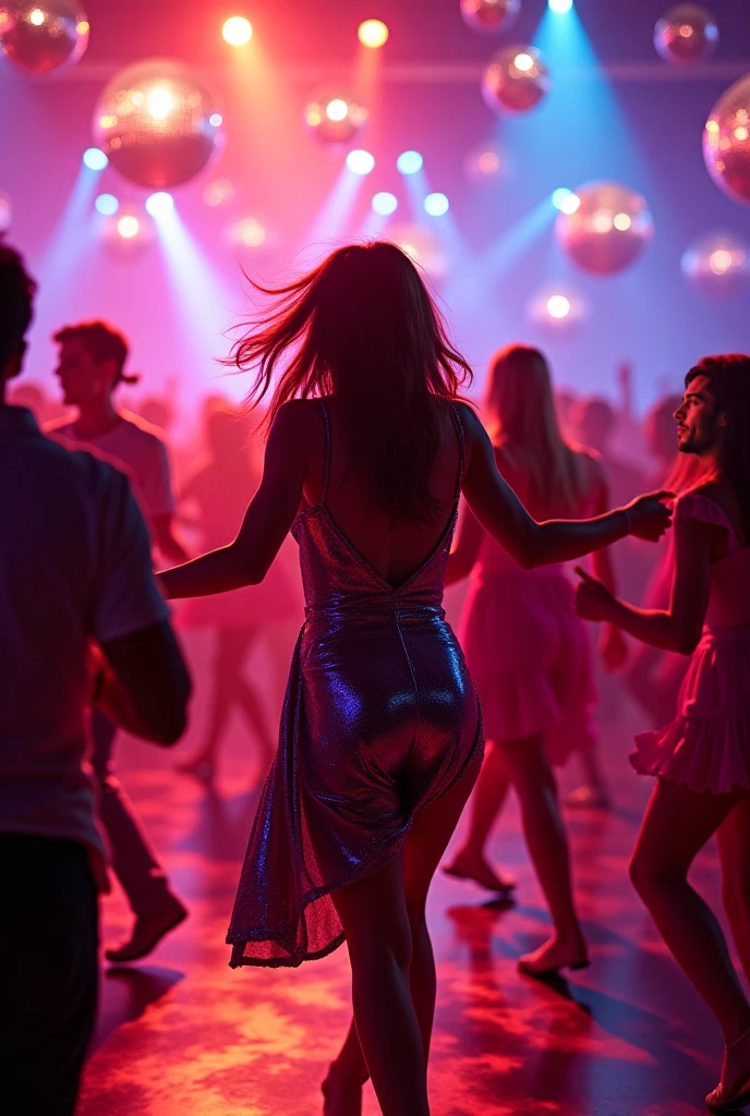 a girl dancing to tech house music,vibrant lights,energetic atmosphere,loud music,bass-heavy beats,colorful visuals,deep basslines,abstract graphics,striking visuals,pulsating rhythms,glowing neon lights,crowded dance floor,mesmerizing DJ,ecstatic crowd,enveloping sound,synchronized light show,electrifying energy,midnight vibes,unforgettable party,unrestrained joy,sweaty bodies moving rhythmically,transcendent experience