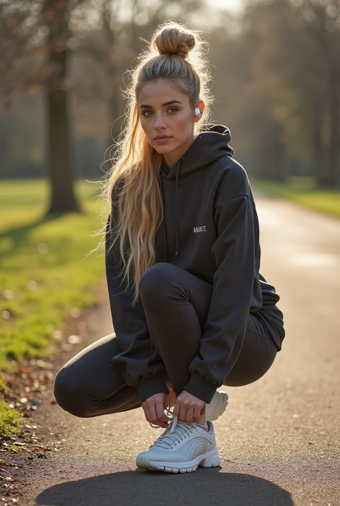A wearing black leggings sitting on the side