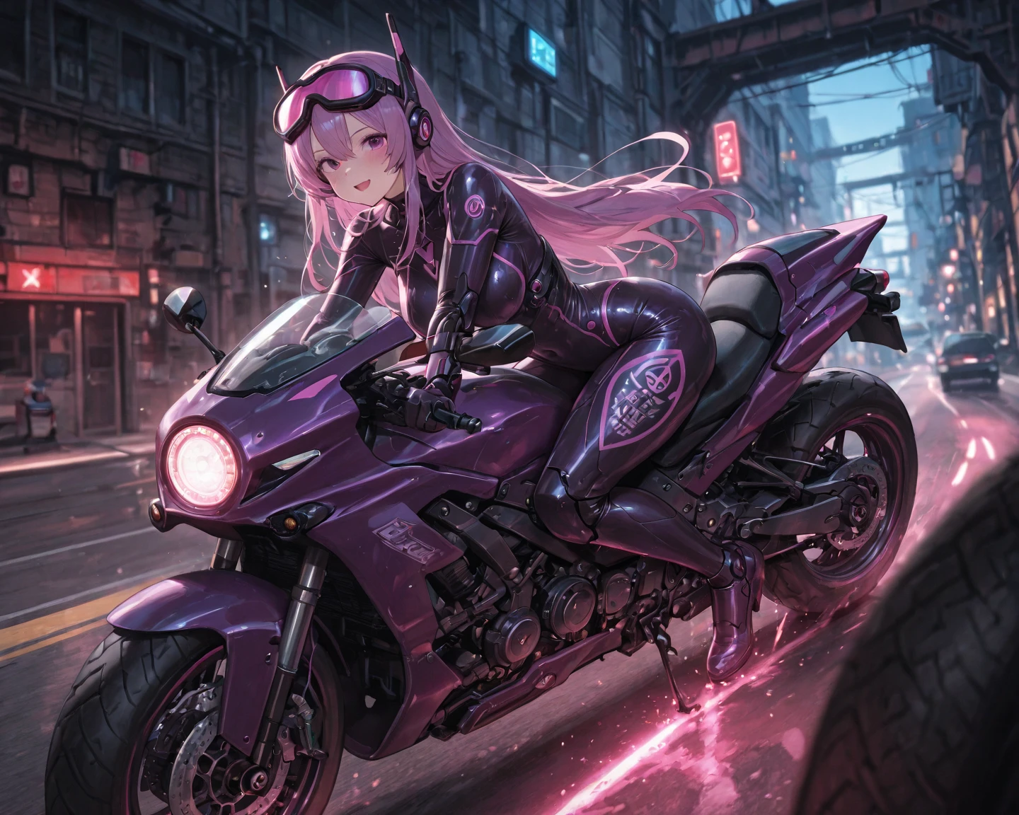 masterpiece, best quality, 1 cyberpunk girl, full body shot, standing in front of motorcycle, looking at viewer, Confident cyberpunk girl with sassy expression, Harajuku-inspired pop outfit, bold colors and patterns, eye-catching accessories, trendy and innovative hairstyle, vibrant makeup, Cyberpunk dazzling cityscape, skyscrapers, neon signs, LED lights, bright and vivid color scheme, anime, illustration, detailed skin texture, detailed cloth texture, beautiful detailed face, intricate details, ultra detailed.