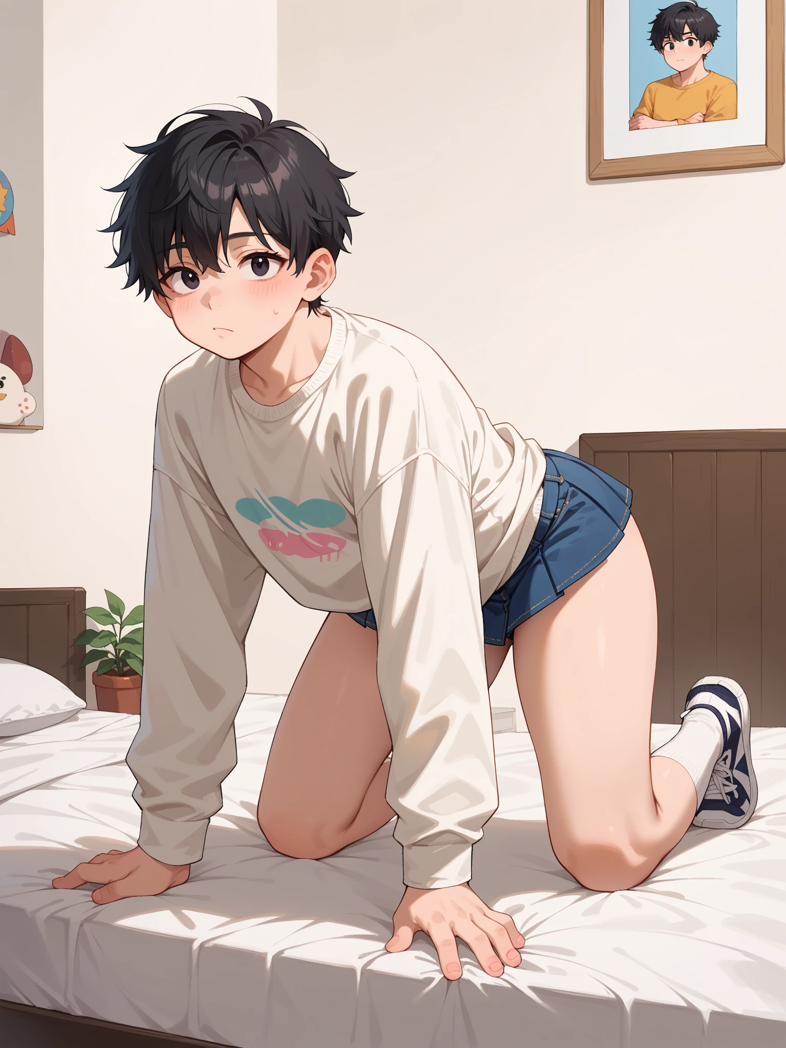 The boy spreads his legs and sweats, is shy shorts, and blush