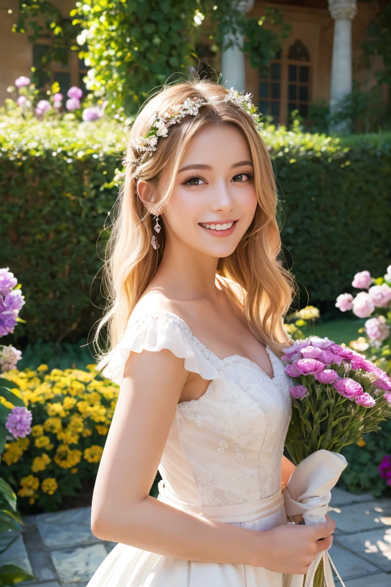 portrait of european girl,独奏,20yo,beautiful face,uppser body,hair over one eye,medium sidecut, blonde hair, sharp focus,Wedding dress、whole body、smile、church、