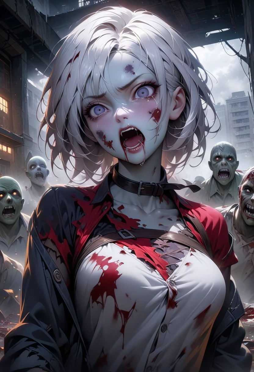 ??????, sinister, male, looking at the camera, ultra realistic, fully detailed, cemetery environment, bright eyes, white dress torn, putrid wounds, sensual, terrifying, bruised by the body, exposed fracture in the collarbone, slight smile, super detailed, white eyes,gun shots in the body, Akira Fudo, Devilman Crybaby, Clear eyes,
