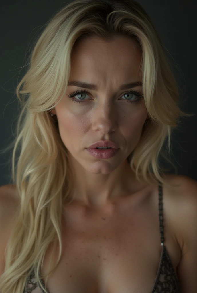 A naked blonde 18 year old white girl. Angry expression. Face aged down. Large breasts. Shot from high above as she looks up at the camera. On a hardwood floor. Bird's eye view