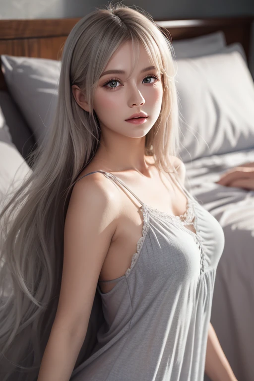 1 girl, solitary, long hair, shirt, white shirt, Bangs, Upper Body, earrings, Jewelry, white hair, shut up、Lying in bed