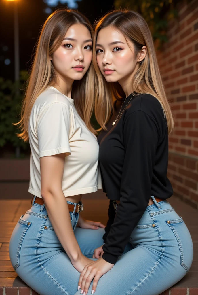 2girl, (gemelos), (ojos azules), (They are smiling :1.1), (En nombre de Minaj), caderas anchas, tetas grandes, grande, Trasero redondo, (La mejor calidad, 8k, Obra maestra: 1.3), Manos perfectas, Enfoque claro: 1.2, Belleza corporal perfecta: 1.4 , abdominales delgados: 1.2, Highly Detailed Face and Skin Texture, ojos detallados, 双眼皮, (Cabello largo rubio), (camiseta negra), (vaqueros), en una sala de estar, (junto a su hermana gemela :1.4), agarra su culo :1.2