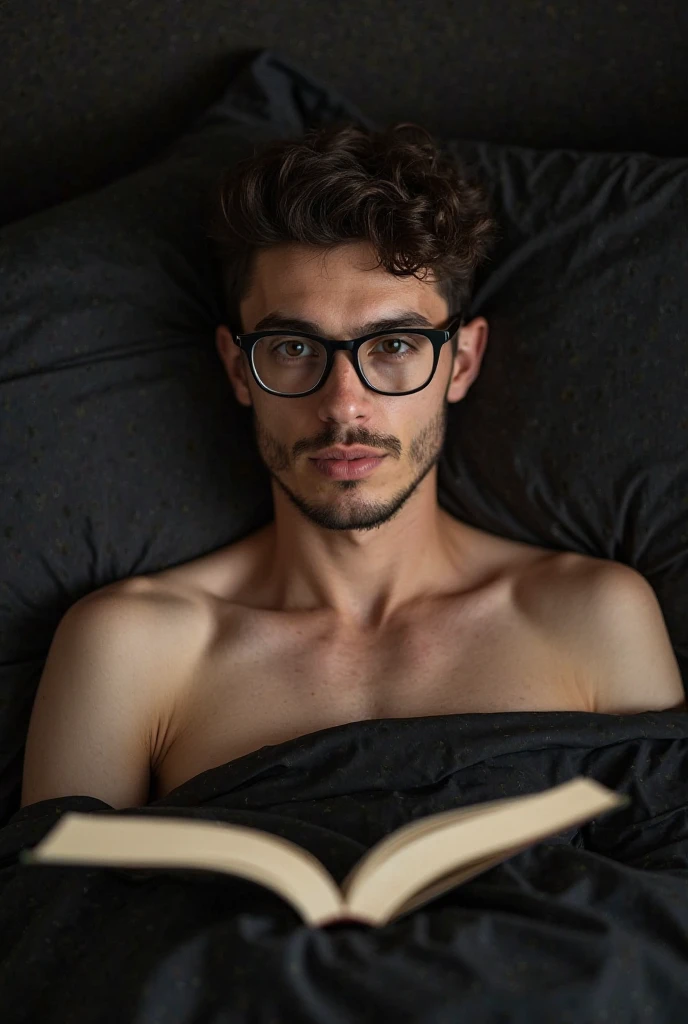 a thin white man, with marked abdomen, some body beauty, fleshy lips, wearing glasses, He is completely naked, lying in a bed, smiling and looking flirtatiously, You can see his penis and testicles, pubic hair.