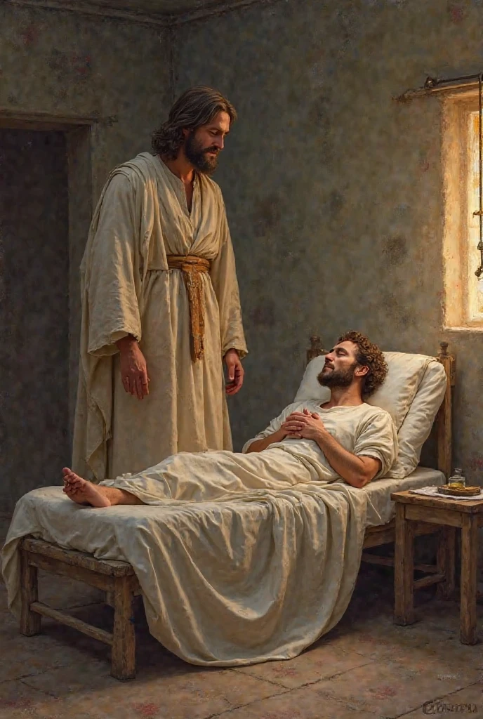 Can you visualize an image for a job?, of a sick peasant and Jesus at his side. 