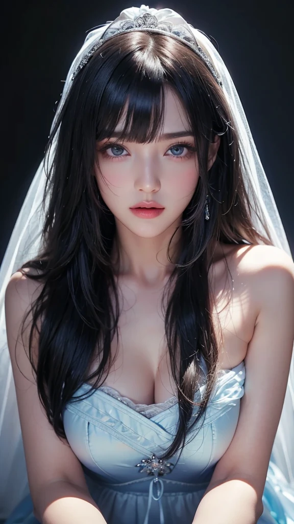 masterpiece, best quality, Super detailed, face camera, 複雑に詳細なSuper detailed, Practical, Distinctive features, Very detailed, Clear focus, Perfect face, Perfect face, Perfect eyes with perfect symmetry, Perfect plump lips, Flexible female form, Movie, lamp, Super detailed, hyper Practical, masterpiece, atmosphere, high resolution, energetic, 动态工作室lamp光, ((Dark background)), Endure the expression of happiness, Straight bangs, blue eyes,Topless、Expression of sexual arousal、Chest accessories、Tailored clothes