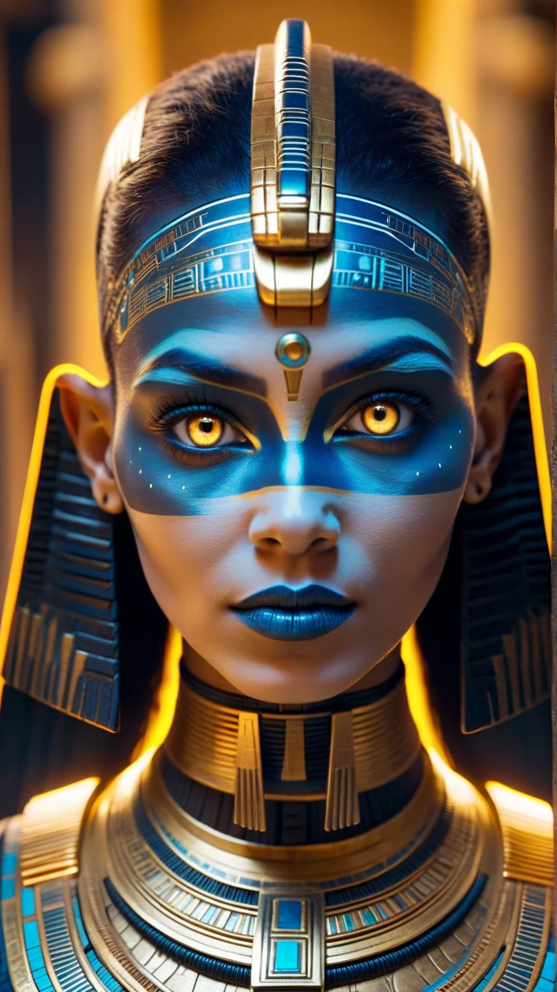ral-opal, meahophontron, whole body, Woman robot face, futuristic cyberpunk, bust, cleopatra of egypt theme, Egypt background, demonic environment, black clothes, pose frontal