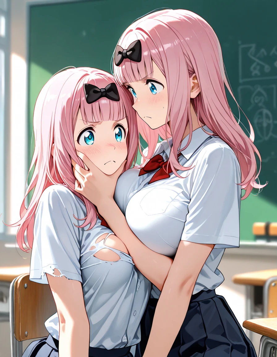 masterpiece,ultra detail,best quality,2girls,against wall serafuku,navy plits skirt,side view,girl pinned against wall,hug,kissing,NSFW,huge breasts,yuri,Height difference,Licking breasts,licking breasts,puffy nipple