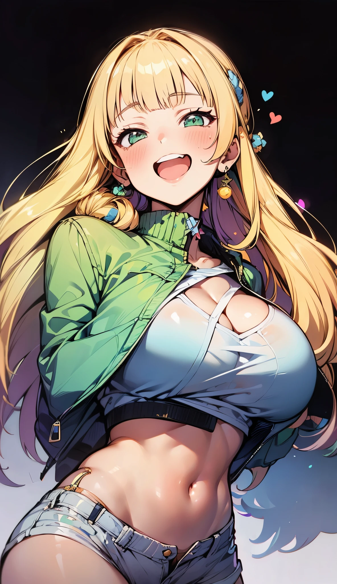1girl adult 30y, modred、golden Green Eyes:1.5)、Blonde Hair、undercut short bob hair、Scrunchie、赤いScrunchie、ヘアScrunchie、denim、blow Jacket、jewelry、abdomen、belly button、赤いJacket、Tube top、White top、full body, thicc coxas, seios medios, (Perfect hands),(Perfect Anatomy),(masterpiece),(highest quality),Downtown at night,Embarrassed,blush