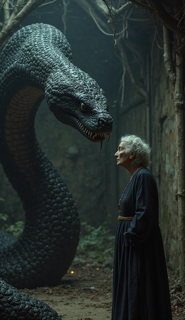 A gigantic anaconda snake is entering the mouth of a very old woman, white messy long hair,frackle face, white ripped old gown. she look scared and frightened. she is lying in the forest and is in pain. It is halfway in.