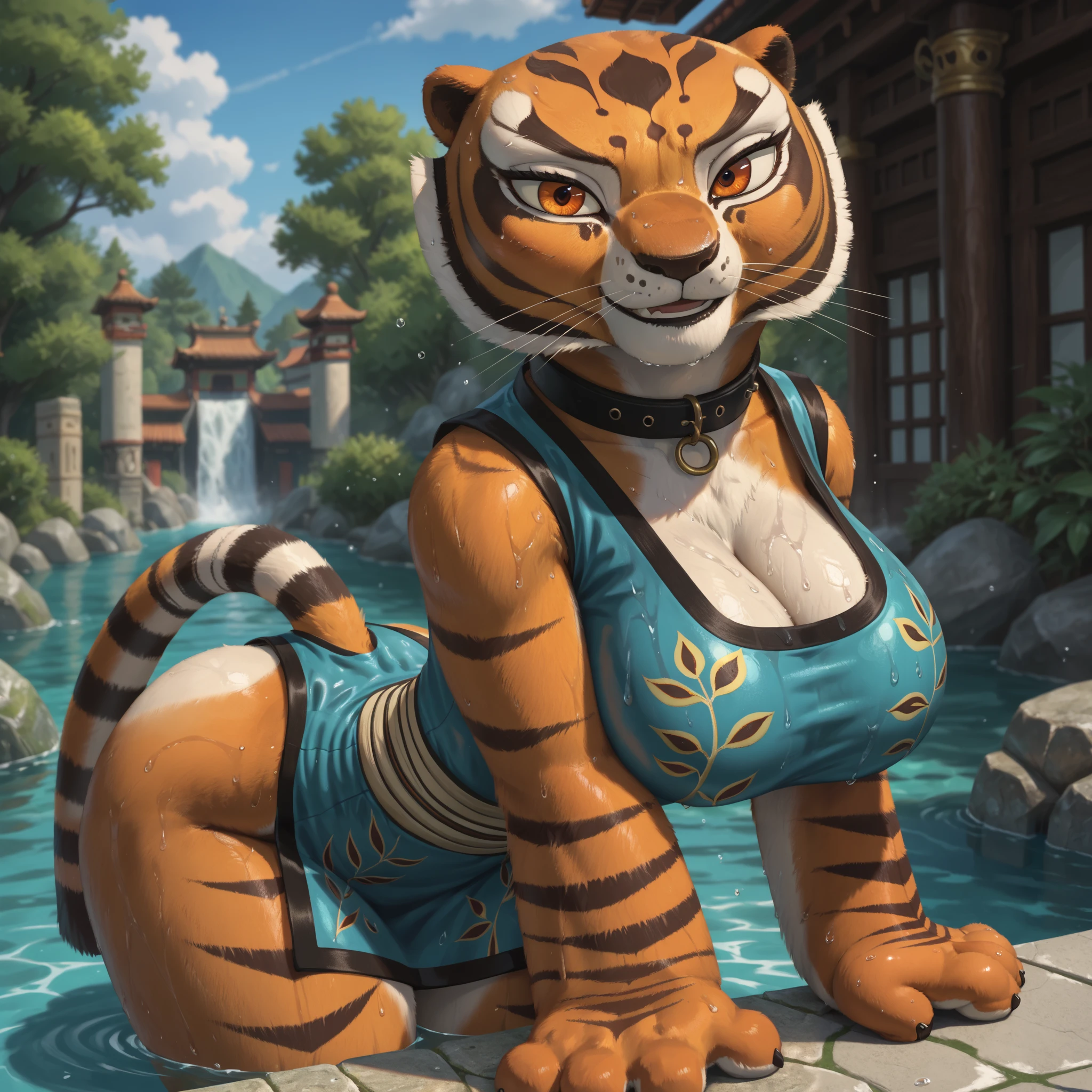 score_9, score_8_up, score_7_up, source_anime, source_furry, (beautiful, detailed background, digital artwork, digital art, well shaded artwork, depth, detailed artwork)1.2, 1girl, female, furry, anthro, Master tigress (Kung fu panda), Anthro tiger, detailed fluffy fur, bald, large expressive eyes, (detailed orange eyes, black pupils)1.2, goth girl, heavy eye makeup, black eyeliner, black mascara, black lipstick, (((massive bust))), bulging breasts, wide hips, (((thick thighs))), standing, bent over, arched back, (((bubble butt))), closeup++, facing viewer, temple setting, outside, blue sky, day time, big black collar, sweat, smirking, tiny waist, teal bodycon maxi dress, teal tube dress, short dress, cleavage cutout, standing in water, wet clothes, holding wakazashi