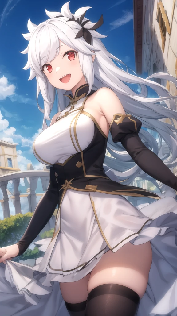 1girl, yellow eyes, style novel, style isekai anime, long silver hair, blunt bangs, vestido branco com babados, super detailed