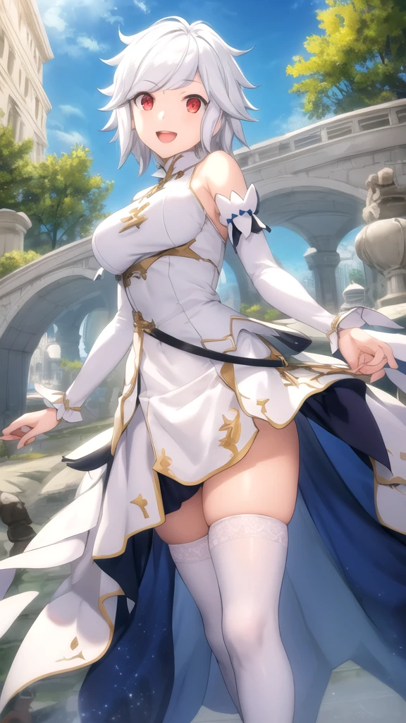 ((beautiful lighting, Best quality, 8K, Masterpiece: 1.3)), 1girl, Perfect body beauty: 1.4, elegant, Sweaty + wet skin,((white hair)), (White dress: 1.4), (Over the knee white stockings: 1.5), (long dress), Super Fine Face, lingerie, ((dancing)), (elegant room) panties under dress, sexy, panties, underwear, hot girl, boobies