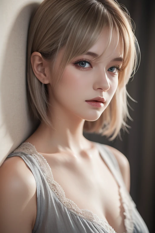 girl who looks like bella thorne, a photorealistic portrait of a stunningly beautiful woman with detailed make-up, extremely detailed eyes, detailed symmetric realistic face, extremely detailed natural texture, messy hair, masterpiece, absurdres, award winning photo by lee jeffries, nikon d850 film stock photograph, kodak portra 400 camera f1.6 lens, extremely detailed, amazing, fine detail, rich colors, hyper realistic lifelike texture, dramatic lighting, unrealengine, trending on artstation, cinestill 800 tungsten, looking at the viewer, photo realistic, RAW photo, blonde hair, (boho bob, short hair:1.4), high quality, highres, sharp focus, extremely detailed, cinematic lighting, 8k uhd, ab, sexy pose