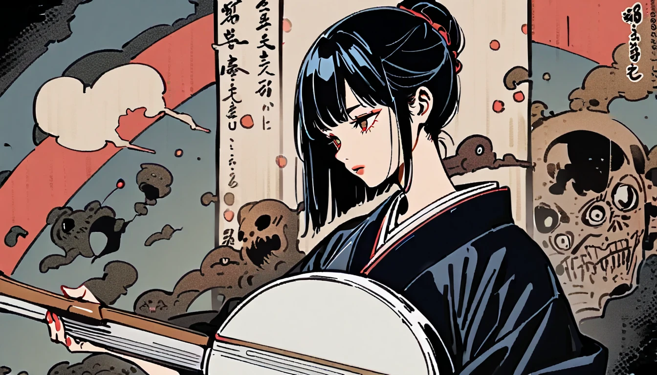 (((Katsushika Hokusai))), (((Ink Painting))), ((Very straight long hair)), ((1 girl)), ((Playing the shamisen)), ((skeleton)), Reading a book、Japanese style headphones, Black Hair, Delicate and precise, Modern ukiyo-e style