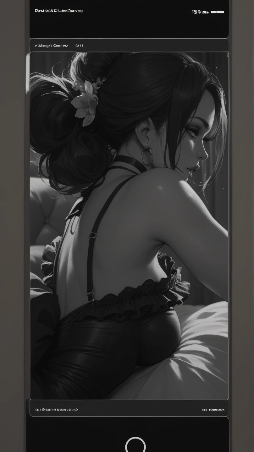 in a dark room, (a naked girl with garter belt) (is in front of a window) (turned back)(photo in black and white)