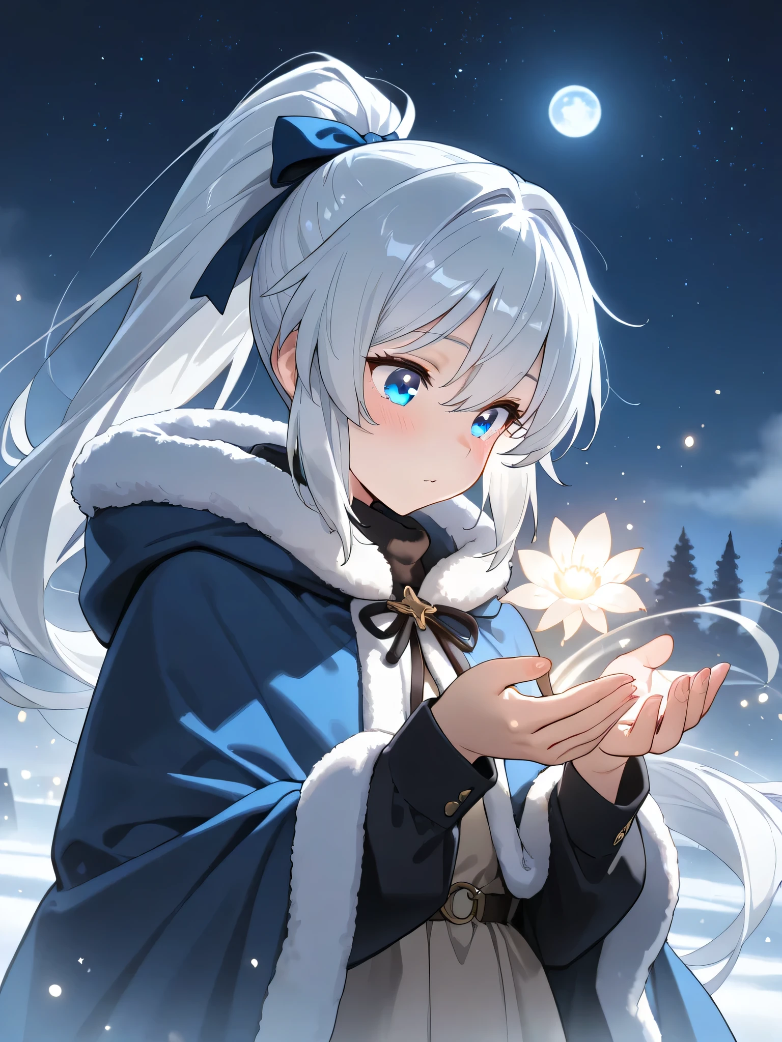 best quality ,very aesthetic ,amazing quality, Masterpiece, (Best Quality: 1.2), (Super Fine: 1.2), Illustration, (Extremely Delicate and Beautiful: 1.2), Film Angle, Floating, (Beautiful Detail Eye: 1.1), (Detail Light: 1.1), Film Lights, Delicate Sky, Woman, White Hair, Blue Eyes, (High Ponytail: 1.1), Cloak, bright Eyes, (Moon: 1.2), (Moonlight: 1.1), Starry Sky, (Light Particles: 1.1), Fog , snow painting, sketching, blooming, 5 fingers on each hand,