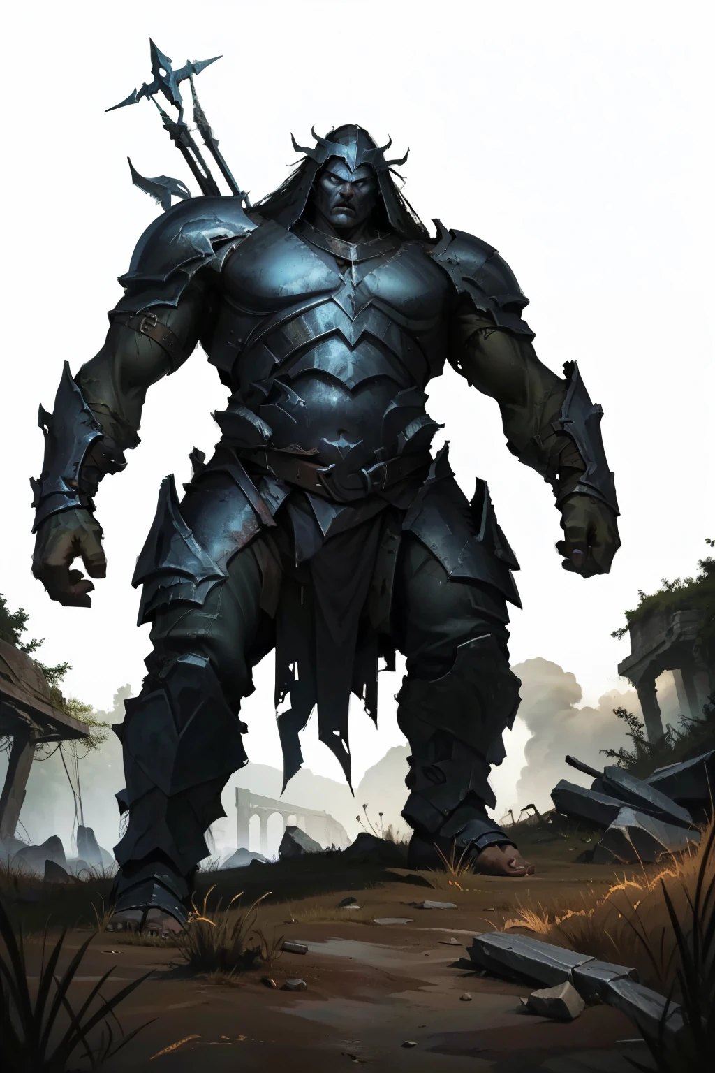(full body image, forbidden to cut or not to appear from head to toe, PNG format , transparent background, white background, King's Warrior Theme, rpg) &&&&& (high quality, masterpiece) &&&&& An imposing warrior , wearing black metal armor, thick and heavy , with carved details that give a brutal and resistant appearance. His physique is massive, with wide shoulders and evident musculature, even under the weight of the armor. The helmet is missing or raised, revealing his dark and disheveled hair, with intense eyes and a serious and determined expression. His posture is firm, with his feet planted in the ground a true battle colossus. The metal plates reflect little light, absorbing the darkness around her, while subtle cracks and battle marks indicate your experience in countless conflicts. The background may be a dark scene, like a mist-covered warfield or a ruined fortress under a sky stormy.