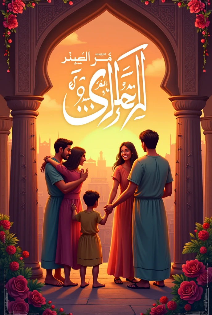My beautiful hijab wife with me a cartoon image. Background with kaba, i have long Beard and with out hijab