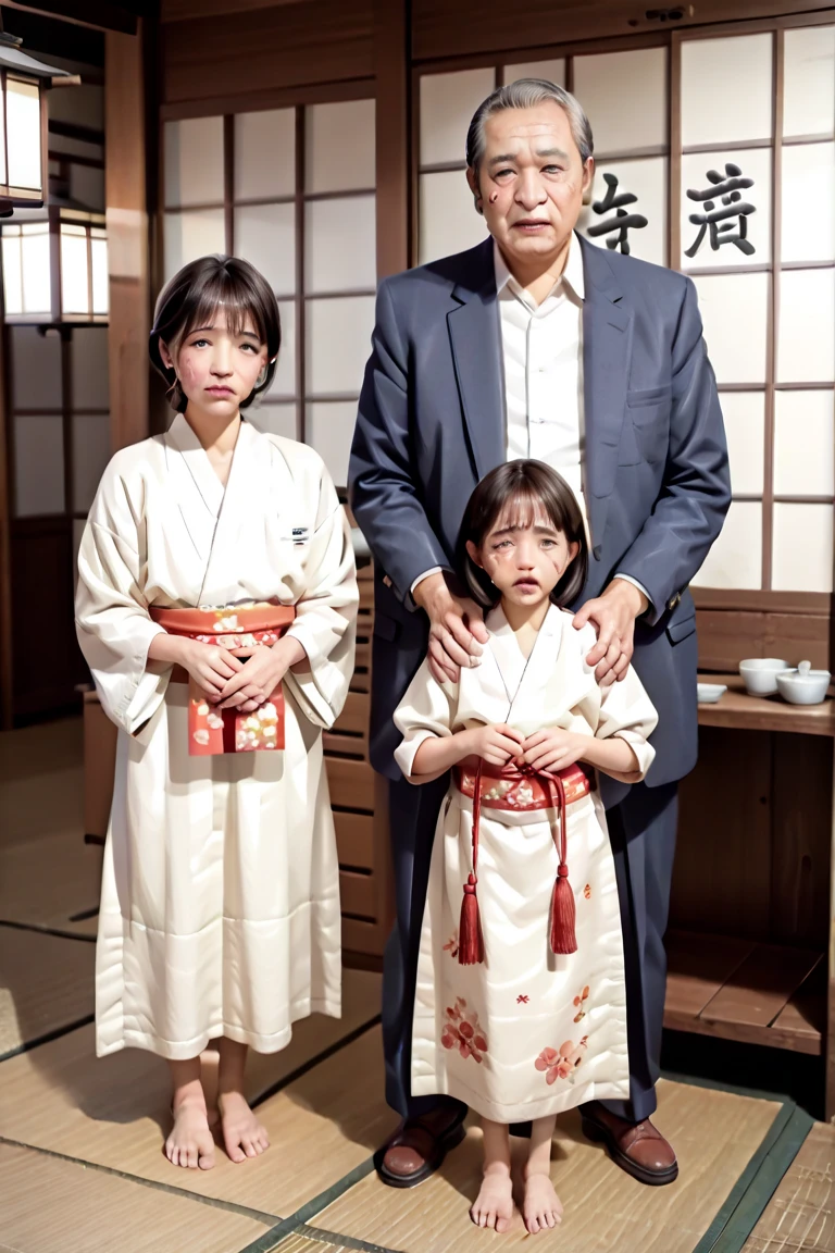 ((man and woman images))A father holds his 8-year-old daughter on his lap, wearing a transparent yukata that reveals her skin.、A father opens the front of his daughter's yukata with his hands and grabs her flat chest、Father gently caresses daughter's breasts'his hand on my chest Spread your legs in an M-shape and show your private parts with your hands、Half-、Front facing image