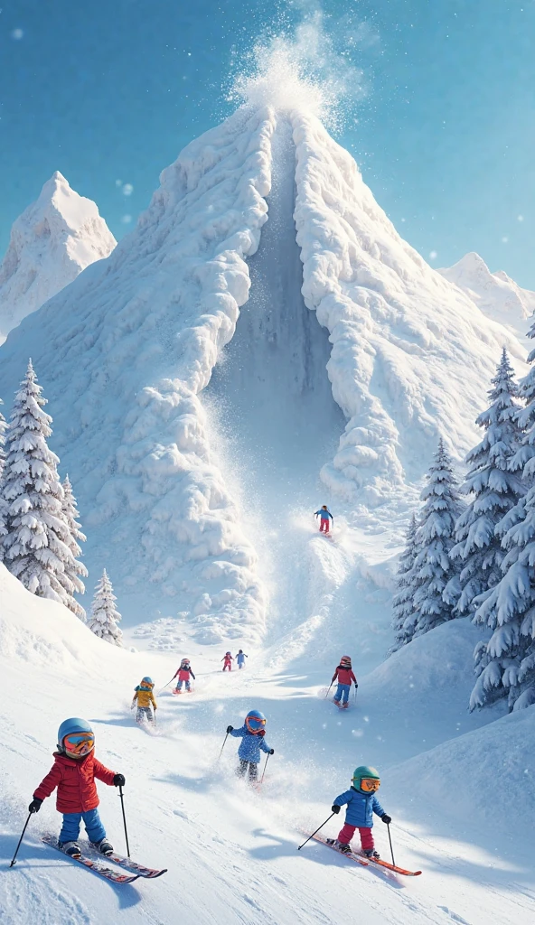 A crumpled paper flour package spills a magical snow cascade through its torn hole, the flowing powder morphing into a towering snow-capped mountain where cartoon skiers and snowboarders carve vibrant trails down glittering slopes, their colorful outfits contrasting with the pristine white landscape, the camera stationary 