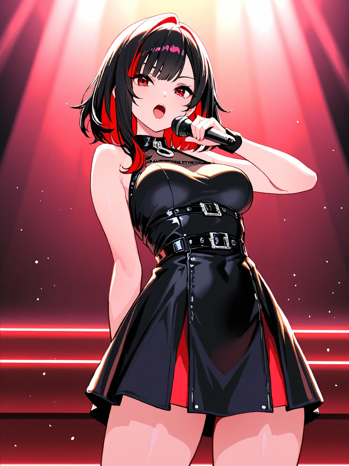 (8k, RAW photos, top quality, masterpiece: 1.2), (High Quality), ray tracing, HDR, (High Details), (Face detail), (Shadow Detail), 1girl, solo, Zentreya, 3d, 3d render, Marnie /(pokemon)/, black hair, blue eyes, cleavage, black jacket, large breasts, thick thighs, closed mouth, pink dress, garter straps, smug,