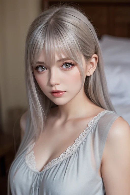 (Realistic drawing style:0.9), Masterpiece, best quality,  nonsense, look at viewer, alone, (gray babydoll:1.5),  Bronya Seychik, red student, big breasts, long hair, gray hair, smooth, gray eyes, earring, piercing hair, hair between the eyes, hair accessories, (Baby Doll:1.3), see through, bed, expressionless