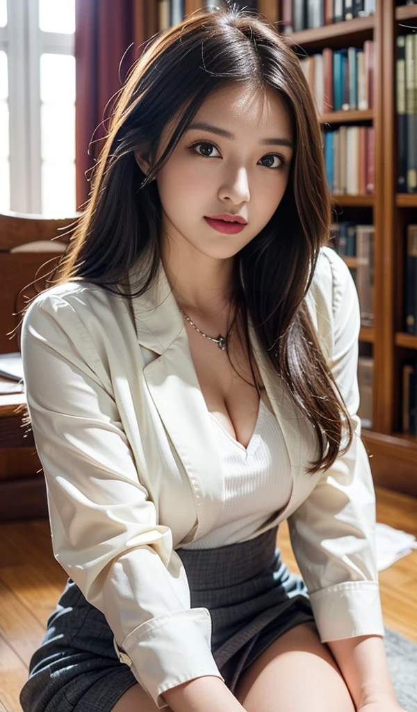 tmasterpiece,Highest image quality,super detailing,rnsexy smile,amazing face and eyes, cosmetics, (extremely detailed beautiful face), (The sexiest look), Snow-white breasts,Naked of breast,(Best quality:1.4), (ultra - detailed), (extremely detaild的 CG unified 8k wallpapers), The content is very detailed, RAW photos, professional photoshooting, ((buisness suit)), (Open business shirt), Indoor and below, (Office room, Dark Night Classroom,), (nigh sky), depth of fields,face flushed,raised eyebrow,Very shy,blond hair blue eyes,Ruddy complexion,looking at viewert,Dreamcatcher earrings,epic,concept-art,Sexy female secretary,