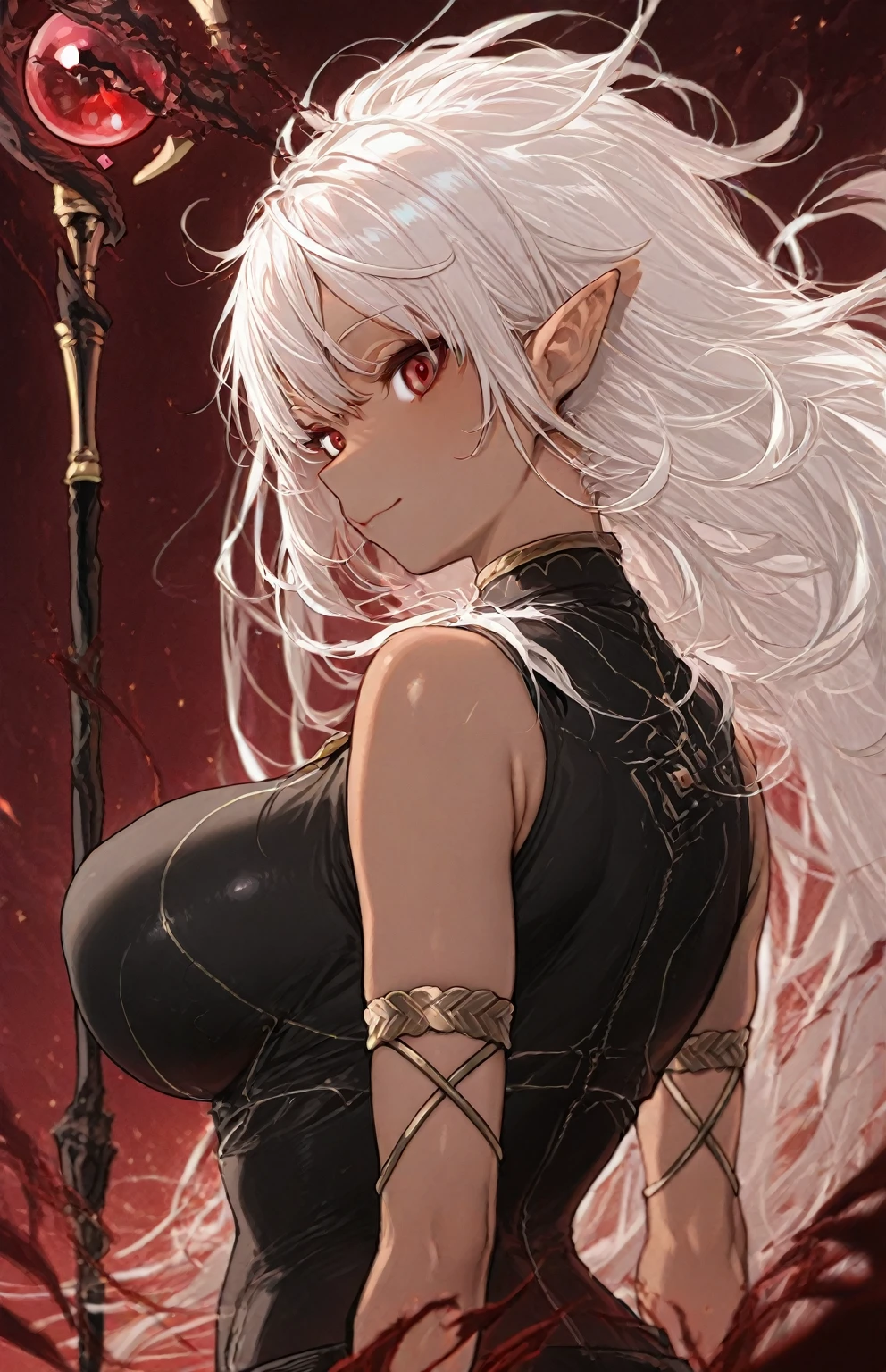 White haired girl with ruby eyes while the body of goddess of light with calm and innocent look