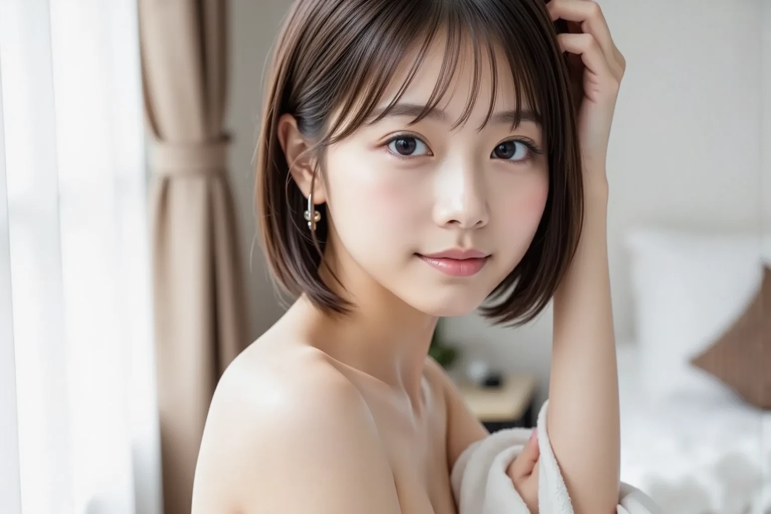 highest quality, masterpiece, Ultra-high resolution, (Realistic:1.5), RAW Photos, One girl, Off the shoulder, In the Dark, Deep Shadow, Modest, Cold Light, sexy look, short hair