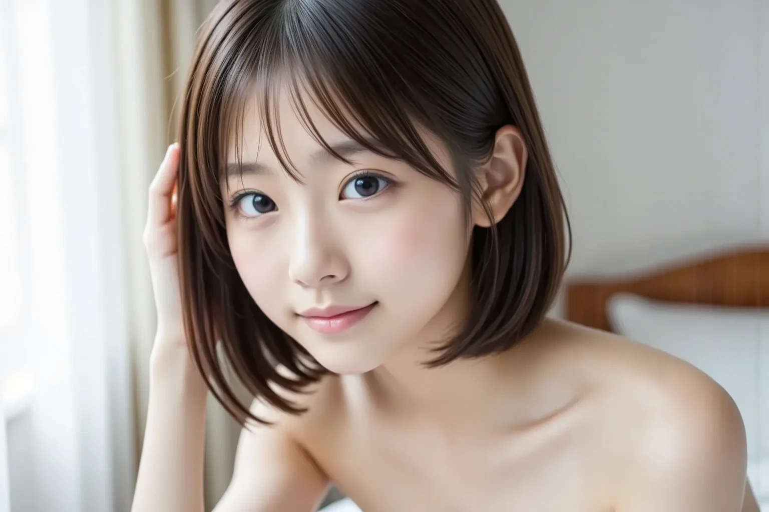 NSFW fox、brown haired、(hairstyle on,(a short bob,Brownish))fluffy light brown little fox ears、fluffy tail、fullnude、Kotatsu、