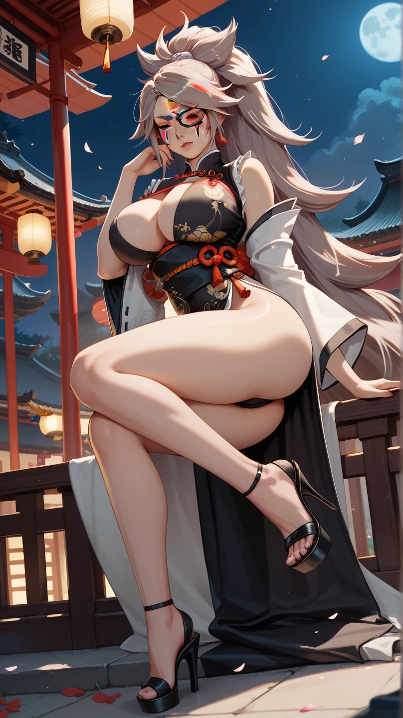 ((One personの女性)), Beautiful Face, full body, (Laughing embarrassedly), (laugh:1.2),((Wink:1.7)), (head tilt:1.3), Laugh with your mouth wide open, upper teeth, looking down at viewer,((panty shot)), ((Bright red cheeks:1.4)),Glossy Red Lips,night,Skyscraper rooftop, firework, Glossy red lips, Shining Face, ((Anime style background)),masterpiece, Highest quality, so beautiful,up to date, Complex details, (Pink long nails),(ring),(bracelet),(Floral choker),AI-generated, Complex,High resolution, Highest quality, super high quality,3D Images、3D Images,One person,Anime woman with long white hair,High Ponytail, Anime woman posing for a photo,(blue eyes), ((Fine grain、Silvery white, lightly pigmented eyes、Shining Eyes:1.4)), (Squint your eyes:1.1), a hyperRealistic , hyperRealistic , Realistic,Anime woman with long white hair, Smooth anime CG art, A woman in a colorful kimono with gold embroidery, (Black long sleeve kimono),Red floral pattern,(black high heel sandals), Long flower hair ornament,Earrings,Mature Body,(Big Breasts:1.1),Tall,Abdominal muscles,Tight waist,(face focus), ((crossed legs:1.1)), (from side),
