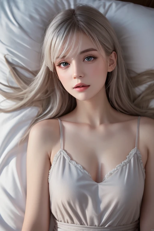White tones,white colors,Sexy girl nipple,Cover your private parts with your hands without clothing,With a petite figure,little body,slimfigure,Slim,s girl,Petite,Almost naked,no clothes are worn,barechested,whaite hair,White hair,Hair covers the chest,laying on,White bed,clothes off,big breasts enchanting,flat lay,seductiv,Open legs,head looking up,Transparent silk pajamas ,barechested,Thick long hair,Highly detailed body,Highly detailed face,Best quality at best